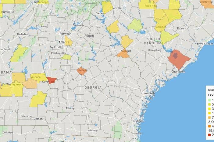 This map from Ancestry, one of the world’s largets genealogy companies, shows the number of records found in different Georgia regions for the company’s project to find newspaper records on enslaved people. More than 22,000 former enslaved people’s names were found in Columbus records, the company says. (Ancestry)