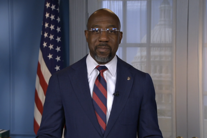 Sen. Raphael Warnock, in a video, introduced his legislation on June 18 to improve the workforce by bridging the gap between community and technical colleges and the local job industry. (Screenshot)