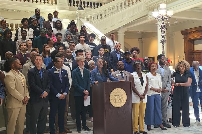 Georgia District 9 Representative Nikki Merritt speaks at a rally at the state capitol on July 24, 2024 demanding full approval of the AP African American History course.