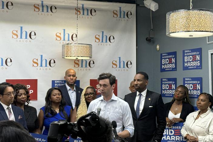 Sen. Jon Ossoff pictured speaking at a gathering of small business owners in Castleberry Hill on behalf of President Biden, on Tuesday, June 25, 2024.