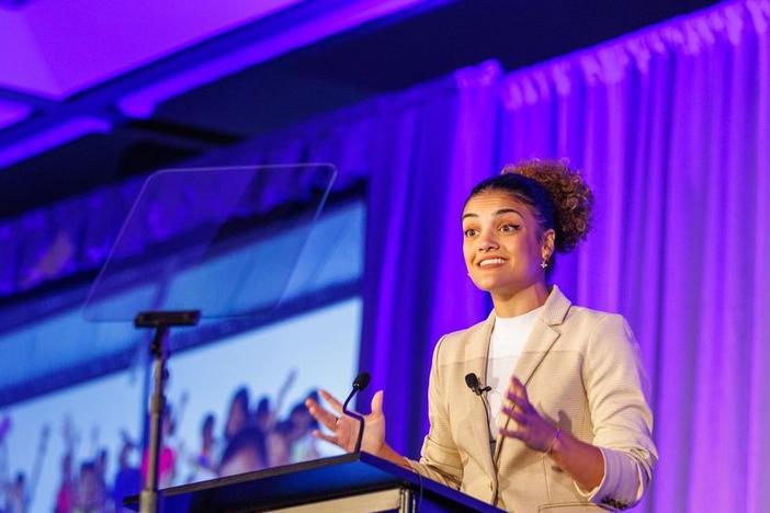 Laurie Hernandez pictured speaking at the Key Club International Convention in Atlanta on July 10, 2024. (Courtesy of Key Club International)