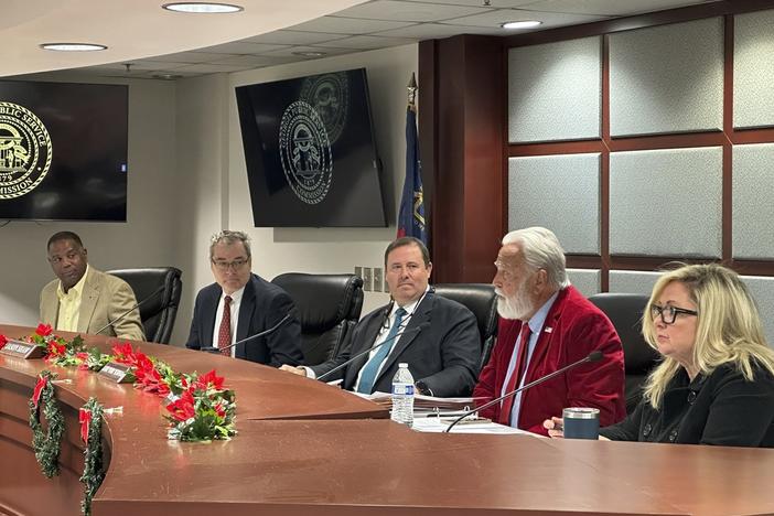 The five Republican members of the Georgia Public Service Commission meet Dec. 19, 2023, in Atlanta. A lawsuit filed on Wednesday, July 17, 2024, challenges a new law that delays elections for the public utility regulators, saying letting their terms last more than six years violates the state constitution. 