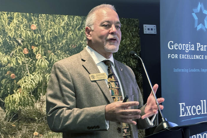 Georgia Superintendent of Schools Richard Woods speaks to reporters, Jan. 5, 2024, in Atlanta. Woods, an elected Republican, is refusing to provide state funding for the new Advanced Placement course in African American Studies. 