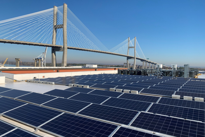 A solar panel array near the Talmadge Memorial Bridge in downtown Savannah.