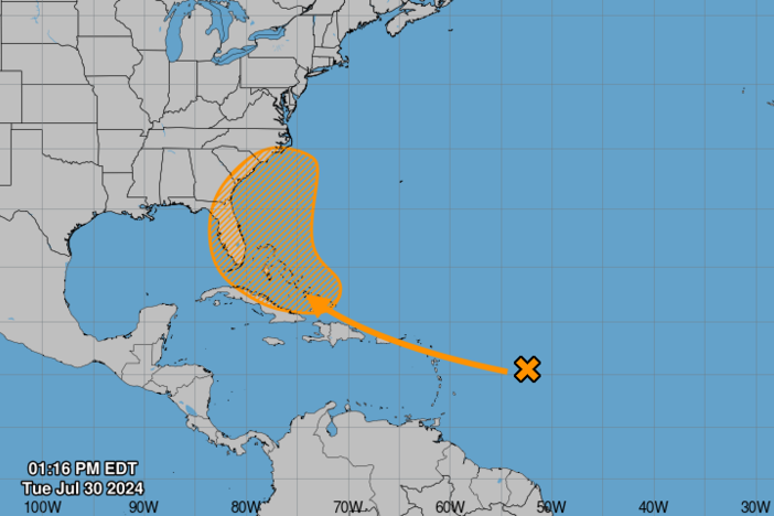 The National Hurricane Center's seven-day tropical weather outlook on July 30, 2024, at 1:16 p.m. shows the potential path of a tropical disturbance.