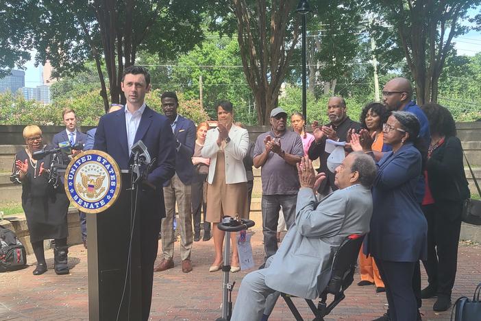 Senator Jon Ossoff speaks at the Martin Luther King Jr, National Historical Park to announce a prison reform bill has become law on August 7, 2024.