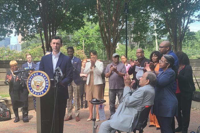Sen. Jon Ossoff joined other Georgia human rights advocates Aug. 6, 2024, to speak about a new law requiring federal prisons to face regular independent investigations. Amanda Andrew/GPB News