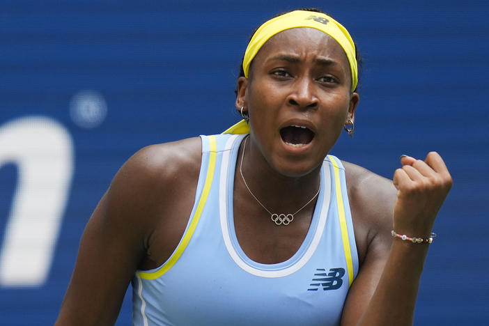 Coco Gauff, of the United States, reacts after scoring a point against Varvara Gracheva, of France, during the first round of the U.S. Open tennis championships, Monday, Aug. 26, 2024, in New York. 