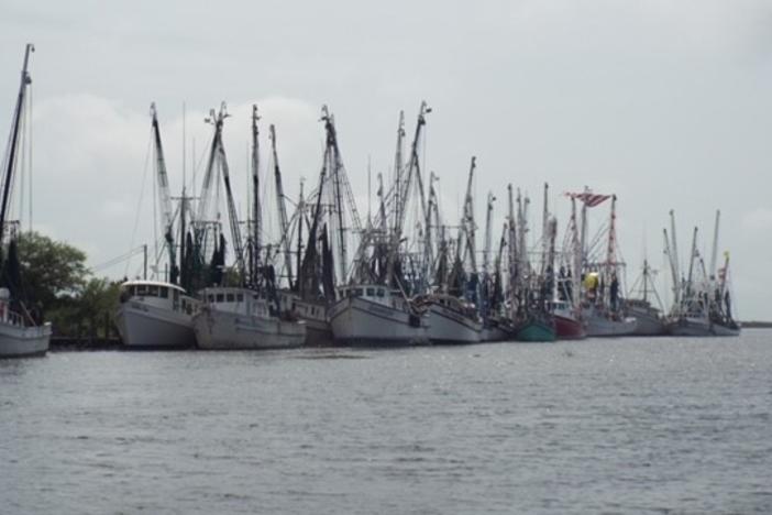 At least 10 shrimp boats are shown docked along a river.