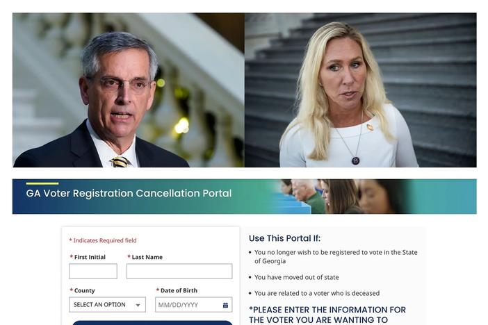 The efforts to cancel the voter registrations of Georgia Secretary of State Brad Raffensperger and Rep. Marjorie Taylor Greene, R-Ga., via the state’s new online portal were unsuccessful. Credit: Associated Press and Georgia.gov