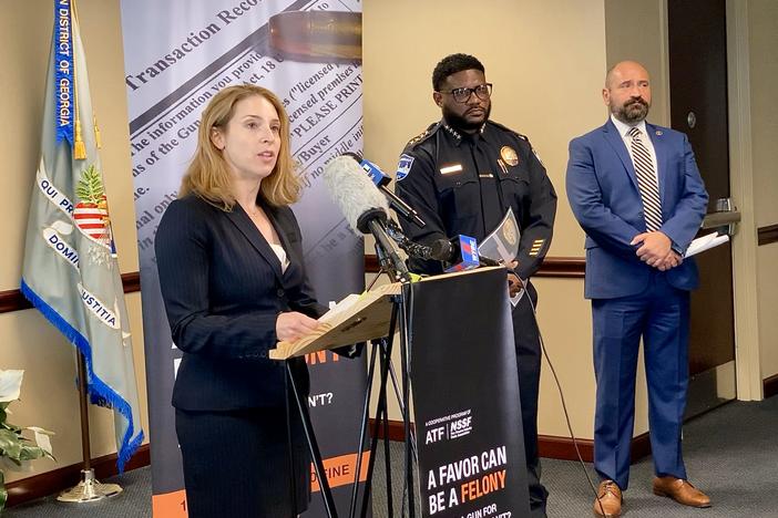 U.S. Attorney for the Southern District of Georgia Jill Steinberg speaks at a news conference in Savannah on Wednesday next to Savannah Police Chief Lenny Gunther and Bureau of Alcohol, Tobacco, Firearms and Explosives agent Beau Kolodka.