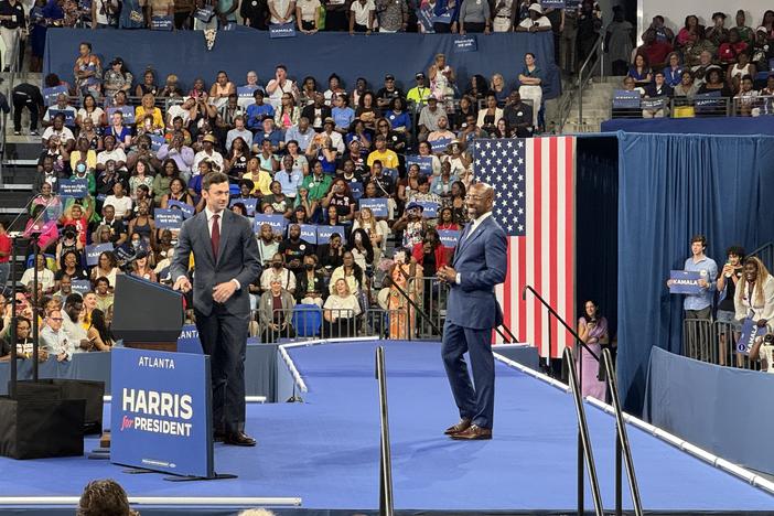Sens. Jon Ossoff and Raphael Warnock were in attendance at Vice President Kamala Harris' campaign rally in Atlanta on Tuesday, July 30, 2024. Sarah Kallis/GPB News