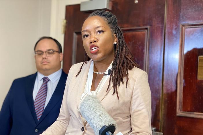 Chatham County District Attorney Shalena Cook Jones speaks at a news conference outside her office at the Chatham County Courthouse in Savannah on Aug. 22, 2024.