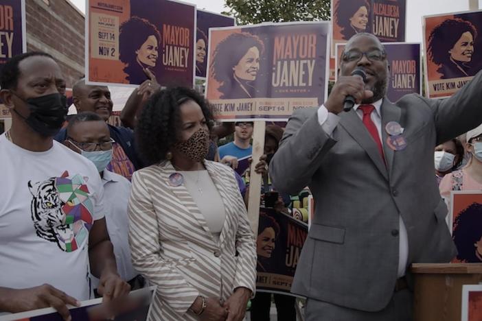Tito Jackson campaigning for Kim Janey at a campaign rally