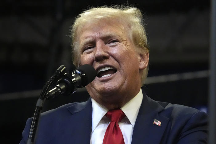 Republican presidential nominee former President Donald Trump speaks at a campaign rally in Bozeman, Mont., Friday, Aug. 9, 2024. 