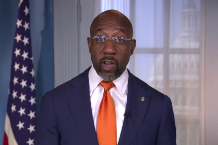 Georgia U.S. Sen. Raphael Warnock speaks during a virtual news conference from Washington, D.C., on Aug. 1, 2024.