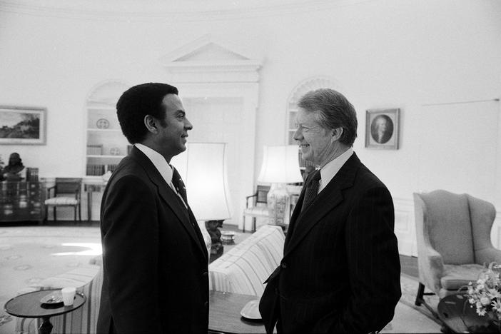 U.N. Ambassador Andrew Young meets with President Jimmy Carter in the Oval Office in 1979.