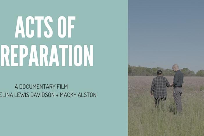 Title of film on a light green background, next to an image of two people standing in a field and holding hands