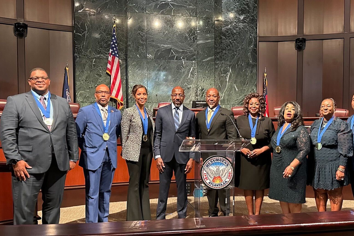 Senator Warnock with leaders and members of the Atlanta Airport Minority Advisory Council. Courtesy Senator Raphael Warnock