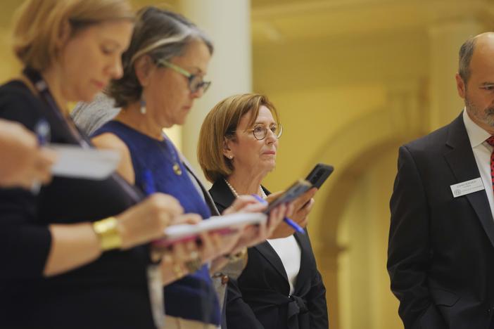 State Election Board member Janice Johnston during a recent SEB press conference. Johnston said she wanted to investigate failed voter registration challenges to understand if local election leaders are making rules that violate state law. 