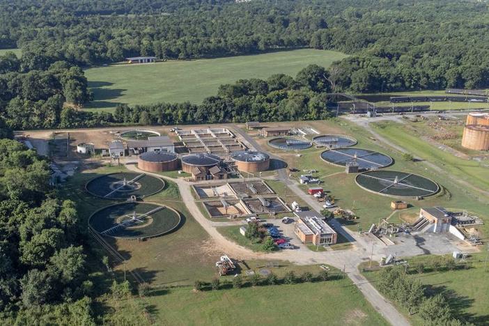 Chattahoochee Riverkeeper Drone captures the Phenix City Waste Water Treatment Plant, 1600 E. State Docks Road, Phenix City, AL, on 6/10/24. The plant is accused of violating the Clean Water Act and Alabama Water Pollution Control Act Henry Jacobs, CRK  