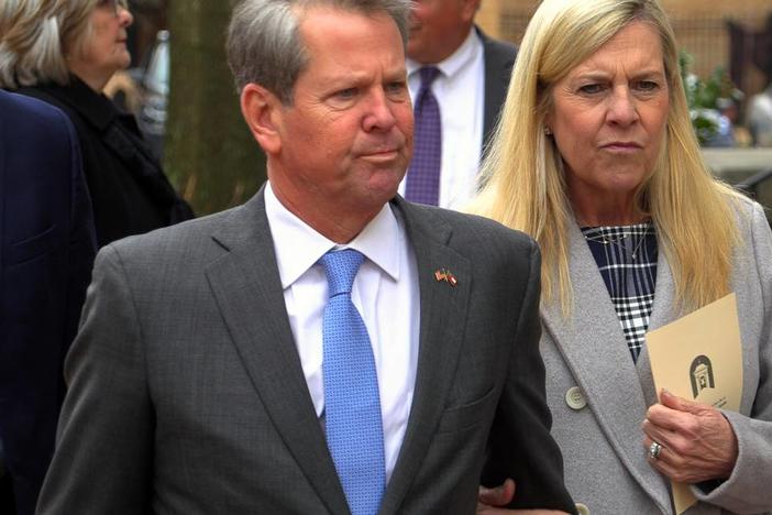 Georgia Gov. Brian Kemp and First Lady of Georgia Marty Kemp arrive Monday morning at First Baptist Church in downtown Columbus, Georgia for the memorial service for Georgia Rep. Richard Smith. 02/05/2024 Mike Haskey/Ledger-Enquirer