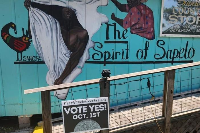 A yard sign in front of the Graball Country Store in Hogg Hummock encourages McIntosh voters to vote yes and repeal rezoning on Sapelo Island. Credit: Jazz Watts/SICARS