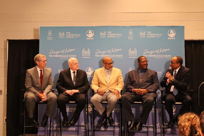 From left to right, Michael O. Leavitt, Tabernacle Choir President; Mack Wilberg, Tabernacle Choir Music Director; Dr. David Morrow, Morehouse College Glee Club director; Dr. Kevin Johnson, Spelman College Glee Club director; and Elder Ahmad S. Corbitt of the Church of Jesus Christ of Latter-day Saints gathered for a press conference at State Farm Arena on Tuesday, September 10, 2024 ahead of the free Wednesday night concert. Ambria Burton/GPB News