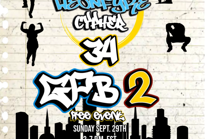 lined notebook paper background with 4 figures in solid black posing in unique dance moves. Text written in graffiti style script WeOnFyre Cypher GPB 2 Free Event