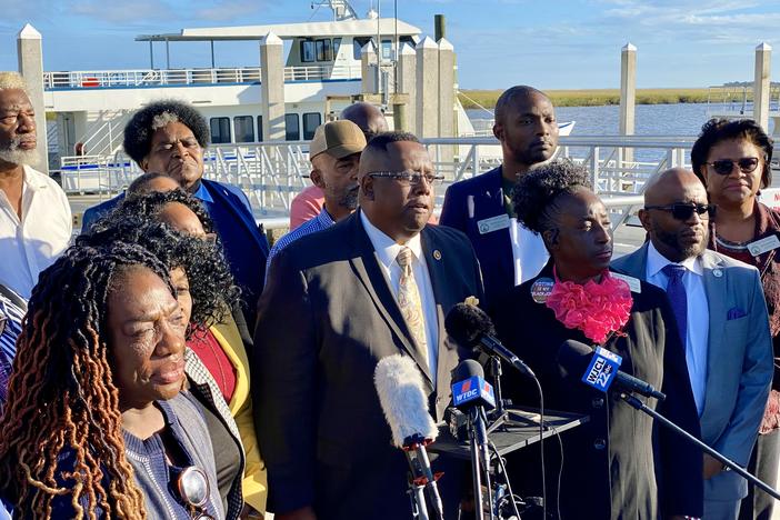 Georgia Rep. Carl Gilliard speaks at a news conference hosted by the Georgia Legislative Black Caucus on Monday evening at the McIntosh County mainland dock near Sapelo Island.