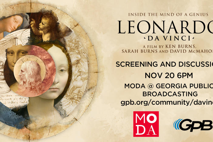 Concentric Circles with faces from Leonardo da Vinci's art over a tan marbled background