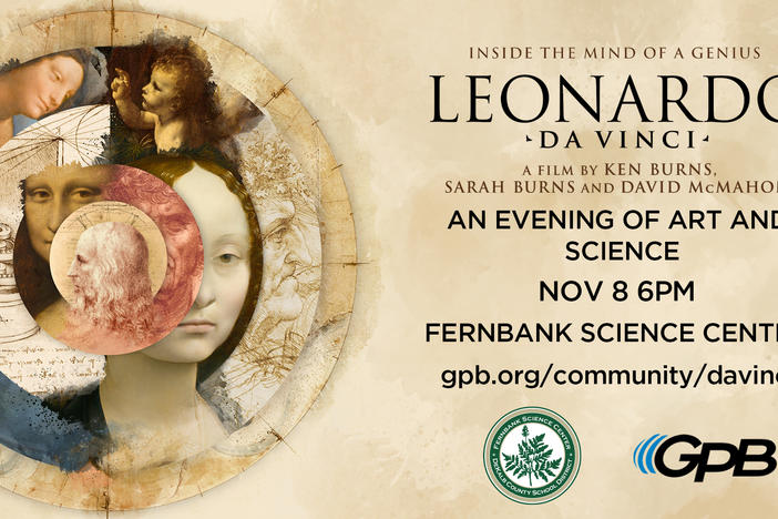 Concentric Circles with faces from Leonardo da Vinci's art over a tan marbled background