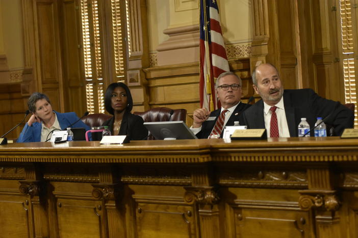 Conservative Georgia State Election Board member Janelle King, second from left, voted Sept. 23 to have election board Executive Director Mike Coan. second from right, to look into the claims that led to the DeKalb County Republican Party alleging that several county election board’s are not following the law for reviewing voter eligibility complaints. Ross Williams/Georgia Recorder (file photo)