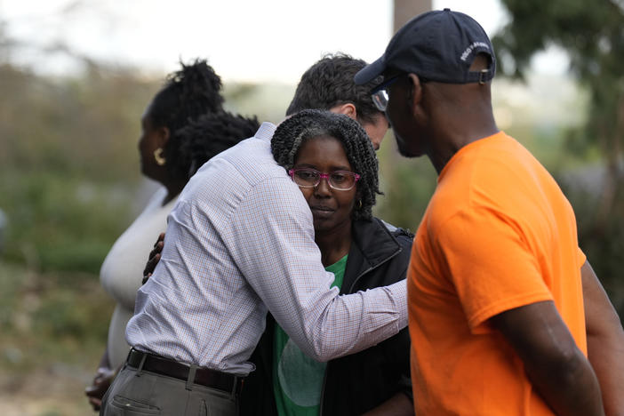 Sen. Jon Ossoff, D-Ga., greets people who were impacted by Hurricane Helene in Augusta, Ga., Wednesday, Oct. 2, 2024, during a visit with Democratic presidential nominee Vice President Kamala Harris. 