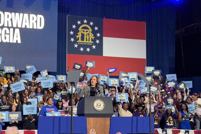 Vice President Kamala Harris addressed an enthusiastic crowd of supporters in Atlanta on Saturday evening, Oct. 19, 2024.
