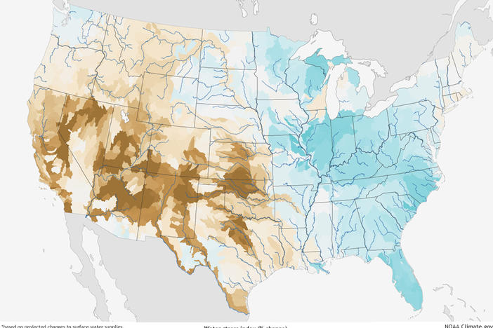 Changes in precipitation, temperature and evaporation rates due to rising carbon dioxide concentrations are projected to increase surface water supplies in most Eastern watersheds (shades of blue) but decrease them in the West (brown). These patterns may be amplified or weakened depending on population growth and groundwater availability. (Graphic by NOAA, Climate.gov)