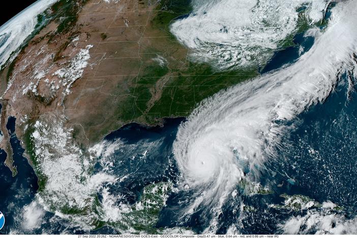 Hurricane Ian, as seen in a NOAA satellite image taken in September 2022, was among the recent hurricanes that researchers found had increased by one category because of climate change.