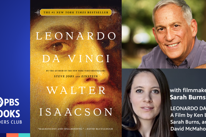 an image of leonardo da vinci's face next to two smaller photographs of a white man with gray hair and a white woman with long brown hair