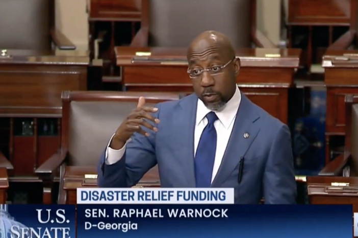 Georgia U.S. Sen. Raphael Warnock spoke on the Senate floor on November 22, 2024, to ask colleagues to approve additional federal investments to support families impacted by recent natural disasters. (Screenshot)