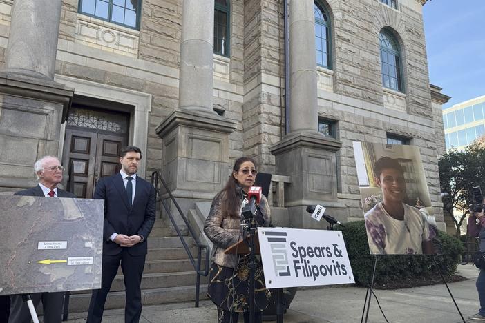 Belkis Terán, whose son was shot and killed by state troopers while protesting the construction of an Atlanta police training center, speaks at the DeKalb County Courthouse in Decatur, Ga., Tuesday, Dec. 17, 2024. 