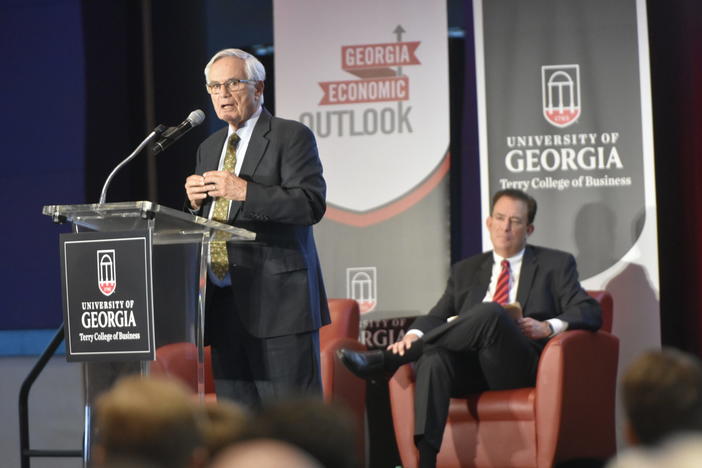 From left, economists John Silvia and Ben Ayers speak at the University of Georgia’s 2025 Economic Outlook kickoff event. Ross Williams/Georgia Recorder