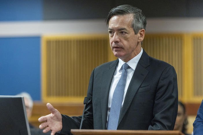 Kenneth Chesebro speaks to Fulton County Superior Court Judge Scott McAfee during a hearing where Chesebro accepted a plea deal from the Fulton County district attorney at the Fulton County Courthouse, Oct. 20, 2023, in Atlanta. 
