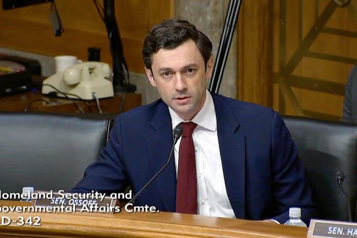 Georgia U.S. Sen. Jon Ossoff questioned USPS Postmaster General Louis DeJoy on Dec. 5 at a hearing of the Senate Homeland Security and Governmental Affairs Committee about how to resolve the mail delays in Georgia. Screenshot