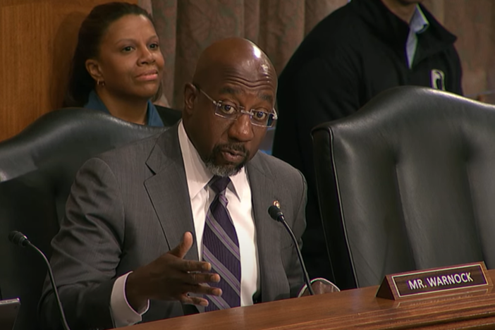 Georgia Sen. Raphael Warnock appeared at a Senate Banking Committee hearing on Wednesday, December 11, 2024, to stress the importance of clearing medical debt from credit reports. Screenshot