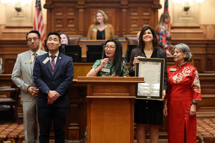 House Representatives (left to right) Long Tran (D-Dunwoody), Sam Park (D-Lawrenceville), Michelle Au (D-Johns Creek), Saira Draper (D-Atlanta), and Charlice Byrd (R-Woodstock) recognized historic Asian Americans in Georgia in honor of the Lunar New Year. Credit: Georgia House of Representatives