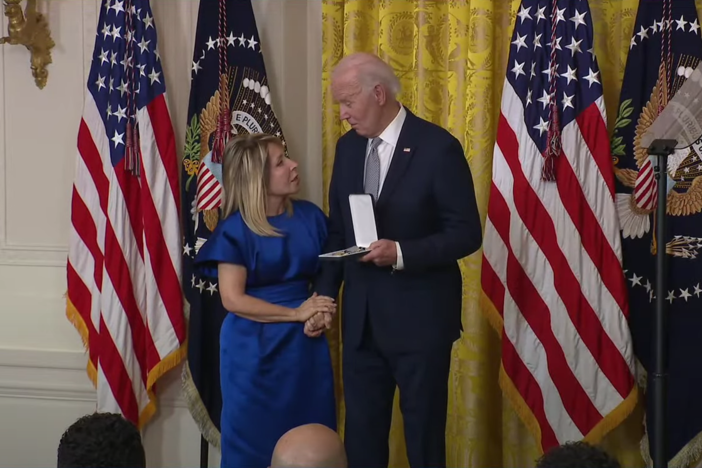 President Joe Biden presents the Presidential Citizens Medal to Savannah College of Art and Design president Paula Wallace at the White House on Jan. 2, 2025.