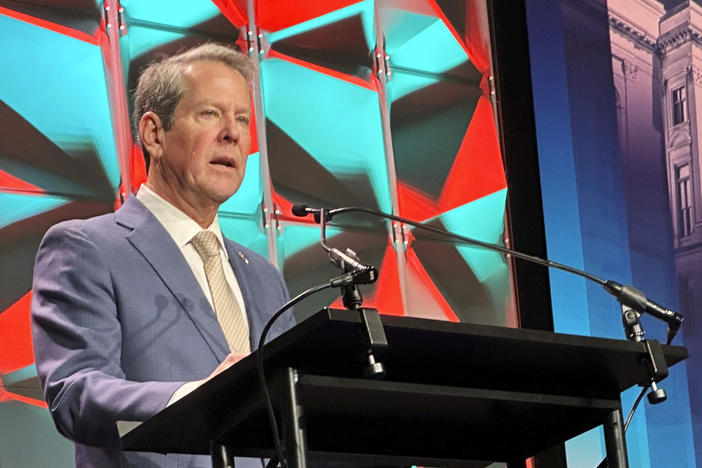 Georgia Gov. Brian Kemp addresses the Georgia Chamber of Commerce, Tuesday, Jan. 14, 2025, at the Georgia World Congress Center in Atlanta.