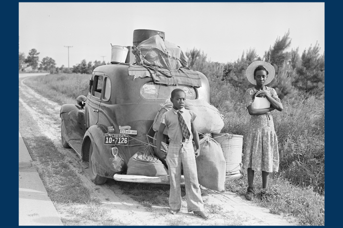 This is the title image for Everybody Comes From Somewhere. The image shows a young boy and girl behind their car packed with their belongings as they migrate to a new home. 