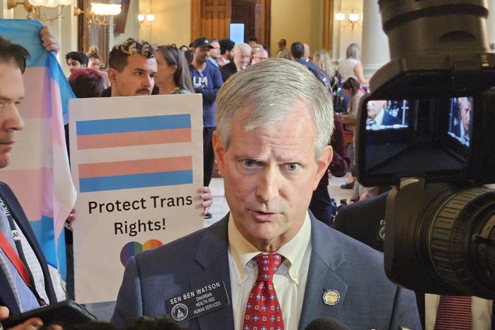 In this 2024 file photo, Sen. Ben Watson speaks to reporters about his bill banning puberty blockers from transgender minors. Ross Williams/Georgia Recorder