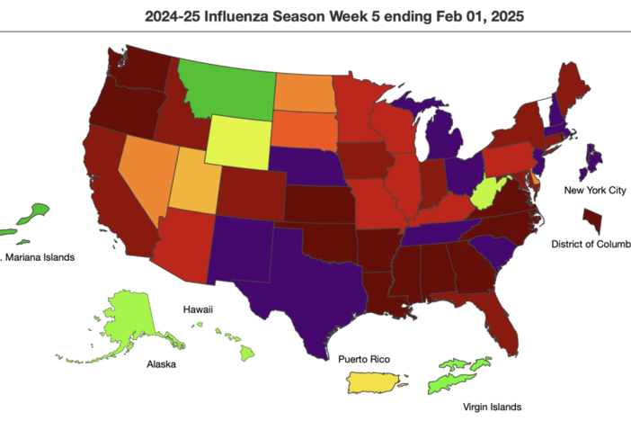 Shades of maroon to purple show states with very high levels of influenza-like-illness at the beginning of February. (CDC)